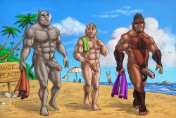 3boys 5_fingers 5_toes abs absurd_res anthro ape balls barefoot beach beard biceps blonde_hair blonde_pubes brock_weston brown_body brown_fur chest_fur collin_peck comparing dangling_testicles dicks_out domestic_pig facial_hair feet fingers foreskin freckles front_view fur furryrevolution genitals glans gorilla grey_body grey_skin group group_sex haplorhine hi_res horns humanoid_genitalia humanoid_penis intact jaron_bellows long_foreskin low_hanging_balls male male_nipples male_only male_pubic_hair mammal monkey monkey_boy monkey_feet musclegut muscles muscular_male nude_beach nude_male nudist partially_retracted_foreskin pecs penis pig_nose prehensile_feet primate pubes public public_nudity rhinoceros rhinocerotoid sea seaside sex sign smile smooth_skinned_male suid suina sus_(pig) tail_tuft threesome toes towel_on_shoulder tuft uncut unretracted_foreskin veiny_penis walking water