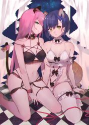 2girls :q alternate_costume animal_ears bare_shoulders barefoot bell black_bow black_bra black_panties blue_hair bow bra breasts cat_ears cat_tail chromatic_aberration closed_mouth curtains darling_in_the_franxx eyeshadow fox_ears fox_tail green_eyes hair_ornament hairclip ichigo_(darling_in_the_franxx) jingle_bell kemonomimi_mode kneeling leg_garter licking_lips lingerie long_hair looking_at_viewer makeup medium_breasts multiple_girls navel panties parted_lips pink_bow pink_hair red_ribbon ribbon seductive_smile short_hair sitting slyvia smile tail tail_bow tail_ornament thighhighs tile_floor tiles tongue tongue_out underwear underwear_only wariza white_bra white_legwear white_panties wristband zero_two_(darling_in_the_franxx)