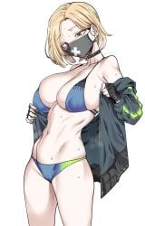 bangs bare_shoulders bikini black_choker black_gloves black_jacket blonde_female blonde_hair blue_archive breasts choker collarbone covered_nipples cowboy_shot eyes_visible_through_hair female fingerless_gloves gloves highres jacket large_breasts looking_at_viewer mask mouth_mask navel off_shoulder open_clothes open_jacket seaside_sukeban_(mg)_(blue_archive) simple_background skindentation solo standing steam string_bikini sweat swimsuit swimsuit_under_clothes underboob urec white_background