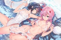 2girls aqua_eyes bikini black_hair breasts competition_swimsuit cowboy_shot darling_in_the_franxx green_eyes hairband ichigo_(darling_in_the_franxx) innertube lying medium_breasts multiple_girls on_back one-piece_swimsuit partially_submerged pink_hair sarong shiny shiny_hair short_hair straight_hair swimsuit volleyball water white_bikini white_hairband white_swimsuit yushi_quetzalli zero_two_(darling_in_the_franxx)