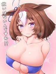 @_@ ahoge animal_ears bangs bare_arms bare_shoulders bikini blue_bikini blush breasts brown_hair cleavage collarbone commentary_request covered_nipples eyebrows_visible_through_hair eyepatch_bikini female gradient gradient_background hair_between_eyes hair_ribbon highres horse_ears huge_breasts looking_at_viewer meisho_doto_(umamusume) pink_background purple_eyes ribbon short_hair simple_background solo swimsuit tearing_up tears translation_request umamusume yuki_to_hana