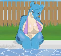 2021 anthro anthrofied big_breasts bikini blue_body breasts clothed clothing edbabygolther female front_view horn huge_breasts lapras looking_at_viewer markings nintendo outside partially_submerged pokémon_(species) pokemon portrait sitting solo spots spotted_markings swimming_pool swimwear three-quarter_portrait video_games water