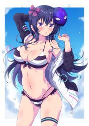 1girls :o absurdres bangs bikini black_hair black_jacket blue_sky bracelet breasts cleavage cloud collarbone commentary_request commission crossed_bangs curvy day eggman_(pixiv28975023) female frilled_bikini frills hair_between_eyes hair_ribbon highres hood hoodie jacket jewelry large_breasts light-skinned_female light_skin looking_at_viewer mask mask_on_head multicolored_clothes multicolored_hair multicolored_jacket navel ocean open_clothes open_jacket open_mouth original outdoors purple_eyes purple_hair ribbon sideboob skeb_commission sky solo standing streaked_hair striped striped_bikini sweat swimsuit thigh_strap thighs two-tone_jacket water_drop white_jacket