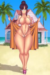 beach bedroom_eyes bemannen big_breasts black_eyes black_hair chichi dragon_ball dragon_ball_z female_only functionally_nude functionally_nude_female heels high_heels inviting kame_house micro_bikini milf nonkini platform_heels pubic_hair puffy_nipples shoes tanline tanlines towel