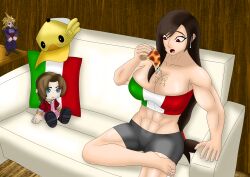 1girls aerith_gainsborough big_breasts breasts brown_hair bursting_breasts bursting_clothes cap cleavage_overflow cloud_strife crossdressing_male dark_hair female female_only figure final_fantasy final_fantasy_vii final_fantasy_vii_remake food_on_body food_on_breasts hat huge_breasts italian_flag italian_senate_hack italy large_breasts legs_crossed low_poly meme muscle muscles muscular muscular_arms muscular_female muscular_legs muscular_thighs nipple_bulge nipples_visible_through_clothing omnislayer1993 pillow pizza plushie red_eyes short_shorts sitting sitting_on_couch skin_tight solo_female thick_thighs tifa_lockhart tight_clothes tight_clothing tight_fit tight_shorts tight_top tight_topwear tube_top tubetop