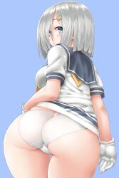 ass blue_background blue_eyes breasts cowboy_shot dd_(ijigendd) female from_behind gloves hair_ornament hair_over_one_eye hairclip hamakaze_(kantai_collection) highres kantai_collection leaning_forward looking_back medium_breasts no_pants panties sailor_collar sailor_shirt shirt short_hair silver_hair simple_background solo thigh_gap trefoil underwear white_gloves white_panties