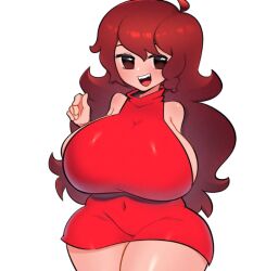 big_breasts female_only friday_night_funkin girlfriend_(friday_night_funkin) hi_res highres long_hair mishythesheep no_bra open_mouth partially_clothed red_hair sideboob straight tagme thick_thighs very_big_breast very_long_hair