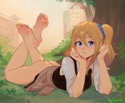 1girls ass barefoot blonde_female blue_eyes blue_rubber feet female female_only foot_fetish garden hayasaka_ai kaguya-sama_wa_kokurasetai_~tensai-tachi_no_renai_zunousen~ looking_at_viewer lying_on_stomach no_panties side_ponytail soles solo squeezable the_pose toes touching_grass