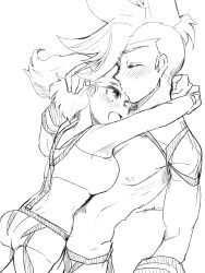 1boy 1girls aina_ardebit blush couple female galo_thymos happy hi_res hug hugging kiss_on_forehead looking_at_partner love male male/female muscular_male promare romantic_ambiance romantic_couple sketch straight wholesome