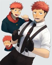 black_gloves formal_clothes gloves itadori_yuuji jujutsu_kaisen male male_focus male_only shirt suit suspenders tie toda_to white_shirt