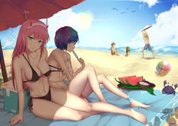 2girls 3boys ankle_cuffs arm_support arms_up ball bangs bare_arms bare_legs bare_shoulders barefoot beach beach_towel beach_umbrella beachball bikini bikini_skirt bird black_bikini black_ribbon blindfold blonde_hair blue_eyes blue_hair blue_sky box breast_envy breasts brown_hair cleavage closed_mouth cloud crab darling_in_the_franxx dated day eating eyebrows_visible_through_hair food fruit full_body futoshi_(darling_in_the_franxx) gins gorou_(darling_in_the_franxx) grapes hairband holding holding_food horizon horns ichigo_(darling_in_the_franxx) large_breasts leaning_to_the_side long_hair looking_at_breasts looking_back male_swimwear medium_breasts multiple_boys multiple_girls o-ring o-ring_bikini o-ring_top ocean outdoors pink_hair plate popsicle pulled_by_self ribbon sand seiza shadow shiny shiny_hair short_hair side-tie_bikini sidelocks signature sitting sky smile straight_hair strap_pull suikawari sun sunlight swim_trunks swimsuit teasing topless_male towel umbrella water watermelon white_bikini white_hairband zero_two_(darling_in_the_franxx) zorome_(darling_in_the_franxx)