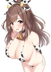 :o animal_ears animal_print arms_behind_back bare_shoulders bell bikini blush breasts brown_hair choker cleavage collar covered_erect_nipples cow_ears cow_girl cow_horns cow_print cowbell elbow_gloves female female gloves hair_ribbon hairband helloet11 highres horns idolmaster idolmaster_shiny_colors large_breasts leaning_forward looking_at_viewer navel neck_bell open_mouth ponytail red_eyes ribbon solo sweat swimsuit thighs tsukioka_kogane white_background