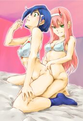 2girls bed bedroom_eyes biting_lip blue_hair blush bra darling_in_the_franxx fingering fingering_from_behind from_behind green_eyes ichigo_(darling_in_the_franxx) implied_penetration looking_pleasured marutaya on_knees pink_hair socks surprised yuri zero_two_(darling_in_the_franxx)