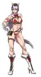 :p abs absurdres animal_ears bangs bikini boots bow bowtie breasts brown_headwear cleavage closed_mouth female full_body gloves gold_ship_(umamusume) hairbow high_heel_boots high_heels highres horse_ears horse_girl horse_tail leon_kim looking_at_viewer multi-strapped_bikini muscular muscular_female navel purple_eyes purple_hair red_bikini red_bow red_bowtie simple_background smile solo string_bikini swimsuit tail tall_female tongue tongue_out umamusume white_background white_footwear white_gloves