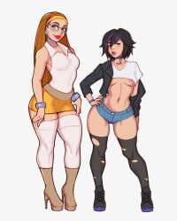 2022 2girls absurd_res alternate_costume big_hero_6 black_hair boots bracelet breasts brown_eyes brown_hair choker collared_shirt covered_navel crop_top cropped_jacket denim_shorts disney female female_only glasses gogo_tomago green_eyes hand_on_hip heels hi_res high_heel_boots high_heels honey_lemon jakuson_z jean_shorts long_hair marvel marvel_comics miniskirt nipple_piercing nipple_slip nipples pierced_nipples piercing redesign revealing_clothes ripped_stockings short_hair shorts skimpy skimpy_clothes skirt thighhighs torn_legwear underboob wardrobe_malfunction wristband