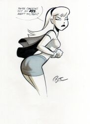 1girls angry artist_signature ass breasts bruce_timm cape dc dcau disapproval english female_only gloves hairband kara_zor-el long_hair looking_back medium_hair midriff sketch skirt small_breasts supergirl superman:_the_animated_series superman_(series)