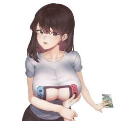 1girls big_breasts brown_eyes brown_hair cakee female fringe nintendo nintendo_switch original original_character