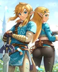 1boy 1boy1girl 1girls ass blonde_hair blue_eyes breath_of_the_wild gonzarez green_eyes hylian link link_(breath_of_the_wild) long_hair looking_back pointy_ears princess_zelda sword the_legend_of_zelda zelda_(breath_of_the_wild)