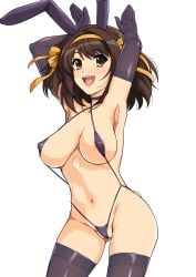 :d animal_ears areolae armpits arms_up bangs bow breasts brown_eyes brown_hair bunny_ears choker covered_nipples cowboy_shot elbow_gloves eyebrows_visible_through_hair female female gloves hairband hairbow haruhisky highres large_breasts legs_apart looking_at_viewer medium_hair navel open_mouth orange_bow orange_hairband purple_choker purple_gloves purple_legwear purple_swimsuit rabbit_ears revealing_clothes simple_background slingshot_swimsuit smile solo standing stomach strap_gap suzumiya_haruhi suzumiya_haruhi_no_yuuutsu swimsuit teeth thighhighs upper_teeth white_background