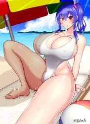 1girls beach beach_ball big_breasts blue_hair breasts curvaceous curvy curvy_body curvy_female curvy_figure female female_focus huge_breasts large_breasts long_hair looking_at_viewer nipples nipples_visible_through_clothing original_character ponytail red_eyes skyloveit sweat sweatdrop sweating swimsuit thick_thighs thighs venus_body voluptuous