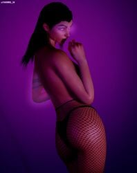 3d big_ass big_breasts big_butt black_hair black_thong cute facing_away fishnet fishnet_legwear fishnet_stockings fishnets high_resolution highres light_skin mature_female purple_background purple_eyes realistic reyna_(valorant) riot_games teasing thick_ass thick_hips thick_thighs topless topless_female valorant vammie video_game video_game_character video_game_franchise video_games virtamate