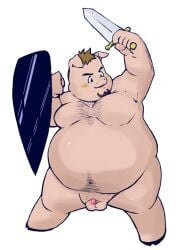 2012 anthro balls belly domestic_pig fatyogi genitals humanoid_hands male mammal melee_weapon micropenis navel overweight overweight_male penis shield simple_background small_penis solo suid suina sus_(pig) sword weapon white_background