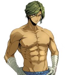 1boy abs bandaged_arm bandages bara cowboy_shot danganronpa danganronpa_(series) danganronpa_3 dark-skinned_male dark_skin green_hair groin hands_on_hips male male_focus manly muscular navel nipples pink_eyes safe sakakura_juuzou simple_background solo topless_male youko-shima