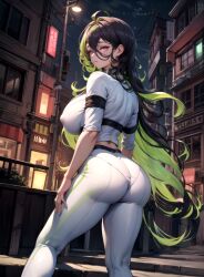 ai_generated ass big_ass big_butt black_hair blush bodysuit breasts female from_behind goddess_of_victory:_nikke green_hair guilty_(nikke) huge_ass large_breasts long_hair looking_at_viewer looking_back multicolored_hair pantylines red_eyes shiny shiny_clothes shiny_hair shiny_skin sideboob skin_tight solo stable_diffusion very_long_hair