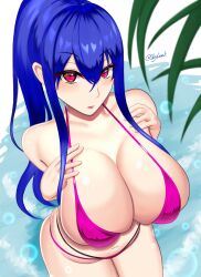 1girls big_breasts bikini blue_hair breasts curvaceous curvy curvy_body curvy_female curvy_figure female female_focus huge_breasts large_breasts long_hair looking_at_viewer original_character pink_bikini red_eyes skyloveit thick_thighs thighs venus_body voluptuous