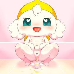 alacarte anthro anus bodily_fluids breasts chibi crouching female fur genital_fluids genitals hi_res navel nude open_mouth peeing pussy small_breasts solo spread_legs spreading tamagotchi urine watersports white_body white_fur