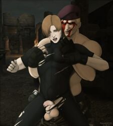 2boys beret gay gloves jack_krauser leon_scott_kennedy looking_at_penis male male/male male_only marukanitel muscular muscular_male penis pubic_hair resident_evil scar scar_on_face testicles torn_clothes torn_pants yaoi