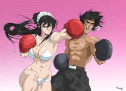 1boy 1girls bikini black_boxing_gloves black_gloves black_hair black_shorts boxing boxing_gloves boxing_shorts breasts bride cleavage female femdom fight gloves humeco juan large_breasts long_hair male minika minka_natsuyume mixed_boxing mouthguard muscles original original_characters punch red_boxing_gloves red_gloves saliva short_hair shorts spit white_bikini