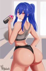 1girls ass big_ass big_breasts big_butt blue_hair breasts curvaceous curvy curvy_body curvy_female curvy_figure drinking female female_focus gym_clothes huge_breasts huge_butt large_ass large_breasts long_hair looking_at_viewer original_character plump plump_ass ponytail red_eyes skyloveit thick_thighs thighs voluptuous