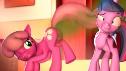 3d 3d_(artwork) animal_genitalia animal_pussy anus arrel_(artist) big_anus cheerilee_(mlp) cutie_mark digital_media_(artwork) disgust duo earth_pony equid equine eyelashes fart fart_cloud fart_fetish female feral friendship_is_magic genitals green_eyes hasbro hi_res horn horse horsepussy mammal my_little_pony one_eye_closed pony puffy_anus purple_body purple_eyes pussy raised_tail twilight_sparkle_(mlp) unicorn