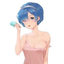 1girls blue_eyes blue_hair cakee cute diadem female looking_at_viewer off_shoulder original original_character popsicle re:zero_kara_hajimeru_isekai_seikatsu rem_(re:zero) teenager