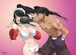 1boy 1girls black_boxing_gloves black_gloves black_hair black_shorts boxing boxing_gloves boxing_shorts breasts cleavage female female/male fight fighting gloves humeco juan long_hair male maledom minika minka_natsuyume mixed_boxing mouthguard muscles original original_characters ponytail punch red_boxing_gloves red_gloves saliva short_hair shorts spit white_bikini