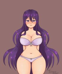 2020 big_breasts big_thighs blush blushing_at_viewer bow_bra bow_panties bra breasts cleavage doki_doki_literature_club female female_only hair hands_behind_back heart-shaped_pupils hourglass_figure light_smile long_hair matching_hair/eyes matching_underwear mikalemur panties picot_trim picot_trim_panties purple_bra purple_eyes purple_hair purple_panties shiny_skin smiling tenmathemaiden tentacle_maiden thick_thighs thighs yuri_(doki_doki_literature_club)