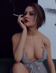 1girls 3d blender cigarette female female_only frolick jill_valentine jill_valentine_(sasha_zotova) large_breasts resident_evil resident_evil_3 resident_evil_3_remake smoking solo