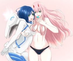 2girls big_breasts bodysuit breast_grab darling_in_the_franxx ichigo_(darling_in_the_franxx) skate1014 tagme yuri zero_two_(darling_in_the_franxx)