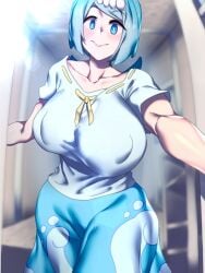 1girls big_breasts blue_eyes blue_hair blush dzkjo7pf female female_only freckles gigantic_breasts lana's_mother_(pokemon) mature mature_female milf nintendo pokemon pokemon_sm solo wide_hips