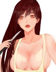 1girls brown_eyes brown_hair cakee female fringe heart-shaped_pupils knife licking_lips long_hair orange_eyes original original_character petite red_lipstick seductive_mouth tongue_out