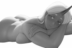 ass big_ass blush breast_press breasts bushu_(lvl) closed_mouth completely_nude dark-skinned_female dark_skin dimples_of_venus female female_only greyscale hand_on_own_arm horns large_ass large_breasts long_hair looking_at_viewer lvl lvl_(sentrythe2310) lying monochrome nose_blush nude on_stomach oni oni_horns original pointy_ears simple_background single_horn smile solo tareme thick_eyebrows white_background