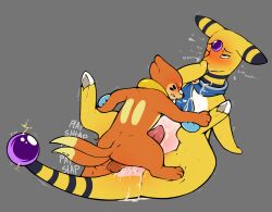 amphy anthro blush bodily_fluids buizel cum cum_in_ass cum_inside cum_on_self duo electricity feral genital_fluids hi_res kai_(mr._smile) male male/male mr._smile nintendo pokémon_(species) pokemon size_difference smaller_dom video_games