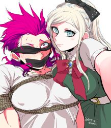 1boy 1boy1girl 1girls belt blindfold blonde_hair blush bondage breast_press danganronpa danganronpa_2:_goodbye_despair den_meka duct_tape femdom gag gagged kazuichi_souda looking_at_viewer nervous nipples_visible_through_clothing pecs pink_hair rope selfie smooth_skin sonia_nevermind tied tied_up white_belt