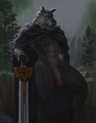 absurd_res anthro big_penis black_body black_fur blaidd_(elden_ring) blue_eyes canid canine canis cape cape_only clothing elden_ring facial_scar fangs fromsoftware fur genitals greatsword half-erect hi_res humanoid_genitalia humanoid_penis katazai male male_only mammal melee_weapon mostly_nude penis scar sitting solo solo_male video_games weapon wolf