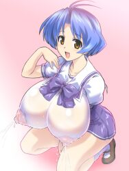 1girls alternate_breast_size big_breasts blue_hair blush breasts curvaceous curvy curvy_body curvy_female curvy_figure exposed_nipples female female_focus horny horny_female huge_breasts lactation large_breasts looking_at_viewer milk muv-luv naughty_face nipples nipples_visible_through_clothing otoo_(izanagi) school_uniform schoolgirl short_hair solo solo_female to-gnaniwa voluptuous yoroi_mikoto