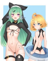 ass back back_view belly belly_button belt blonde_hair blue_eyes breasts earrings finana_ryugu fish_ear green_hair heart_tattoo millie_parfait nijisanji nijisanji_en nipples purple_eyes small_breasts swim_ring swimsuit virtual_youtuber