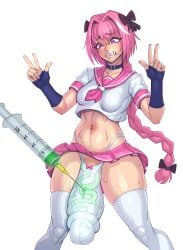 1futa astolfo_(fate) big_penis body_modification braid breasts bulge clothed clothing enhancements fate_(series) futa_only futa_sans_pussy futanari gloves growth huge_cock human hyper hyper_bulge hyper_penis injection light-skinned_futanari light_skin lycra_(artist) midriff monster_energy mostly_clothed navel needle pale_skin penis_expansion penis_growth pink_hair skindentation skirt small_breasts solo solo_futa standing tenting thick_thighs thighhighs white_background