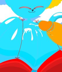 alpog21_(artist) anthro balls big_(disambiguation) big_breasts blue_body blue_tail bodily_fluids breasts clothed clothing cum cum_on_breasts digital_media_(artwork) domestic_cat duo ears_up ejaculating_cum ejaculation erection felid feline felis female genital_fluids genitals male male/female mammal penis penis_tip red_eyes simple_background smile trod