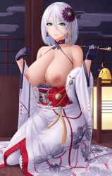 azur_lane big_areola blue_eyes breasts breasts_outside clothed clouds cream_nipples detailed_clothes earrings female female_only flower_in_hair light-skinned_female night on_knees purple_gloves solo tagme tirpitz_(azur_lane) zaphn